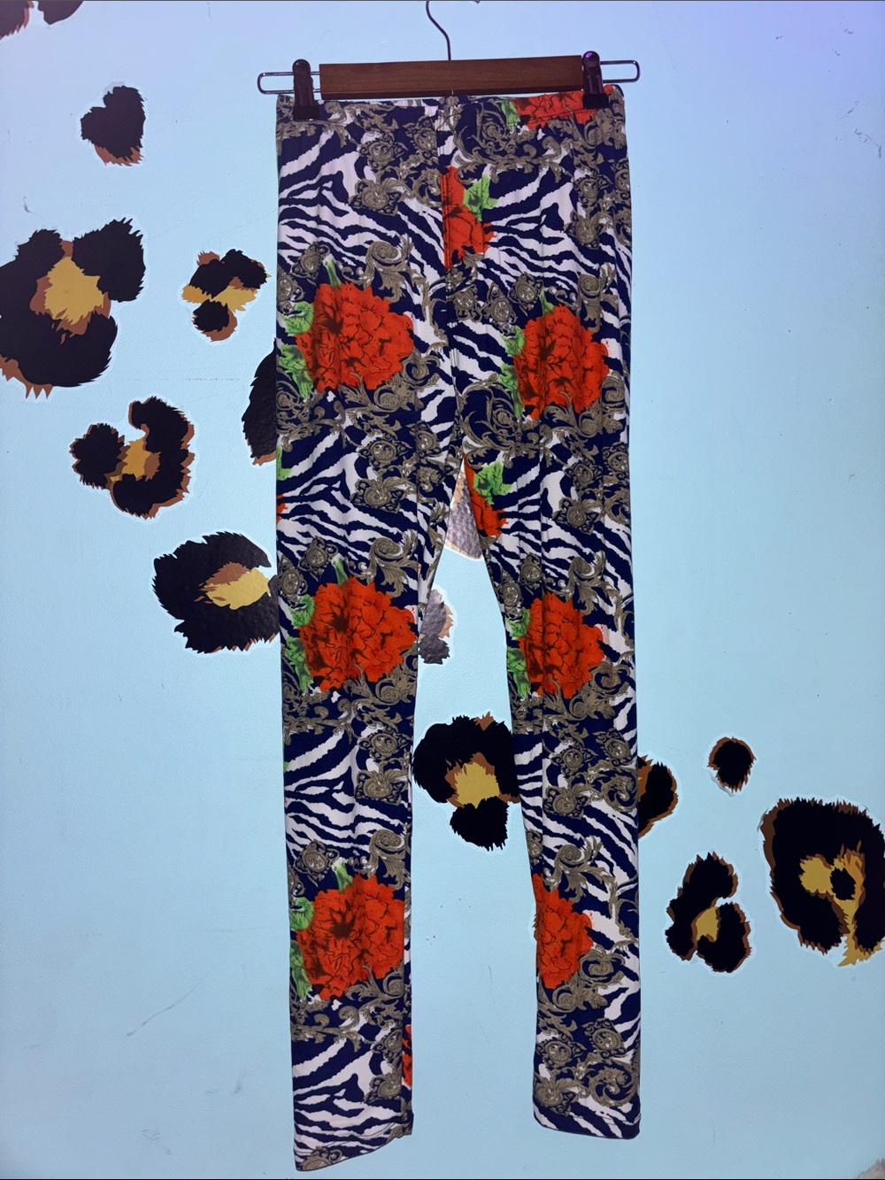 One Size Floral Zebra Print Leggings - Orange Floral